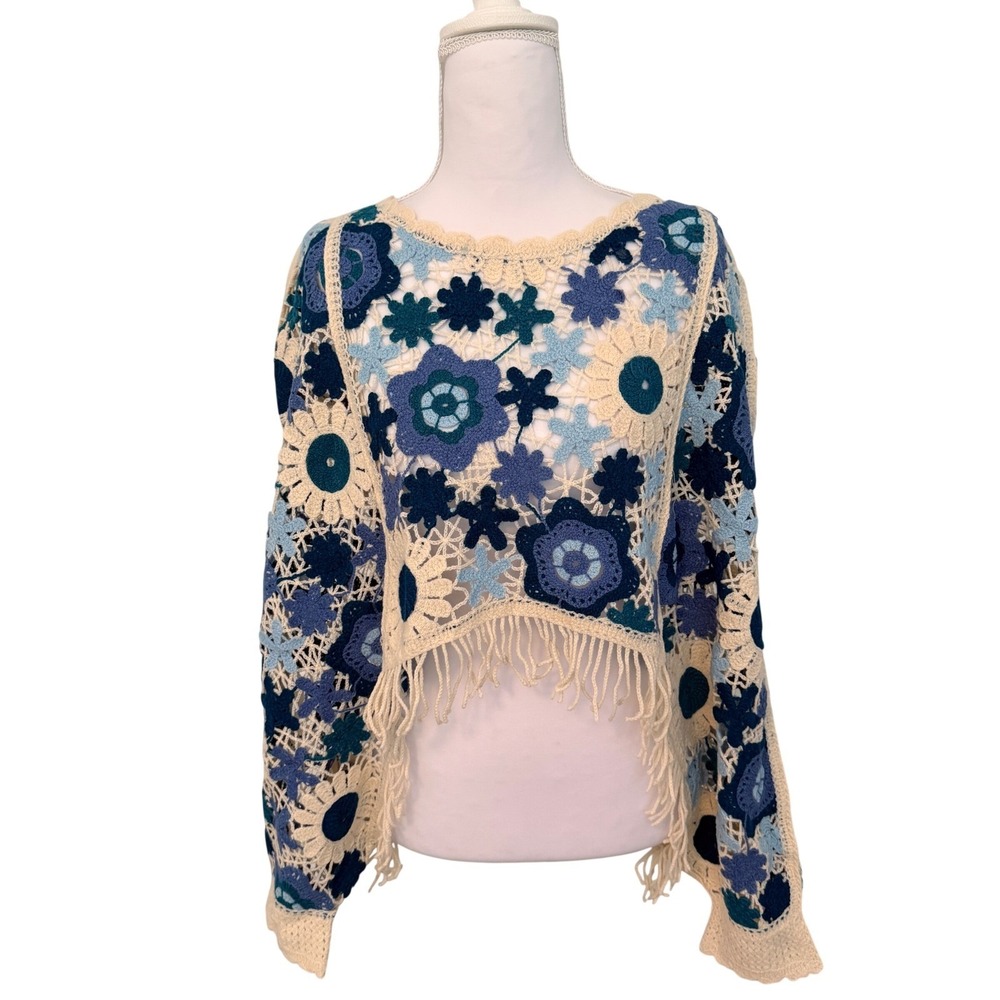 House of Harlow 1960 Crochet Top Womens OS Blue Multi Floral Fringe Boho NEW